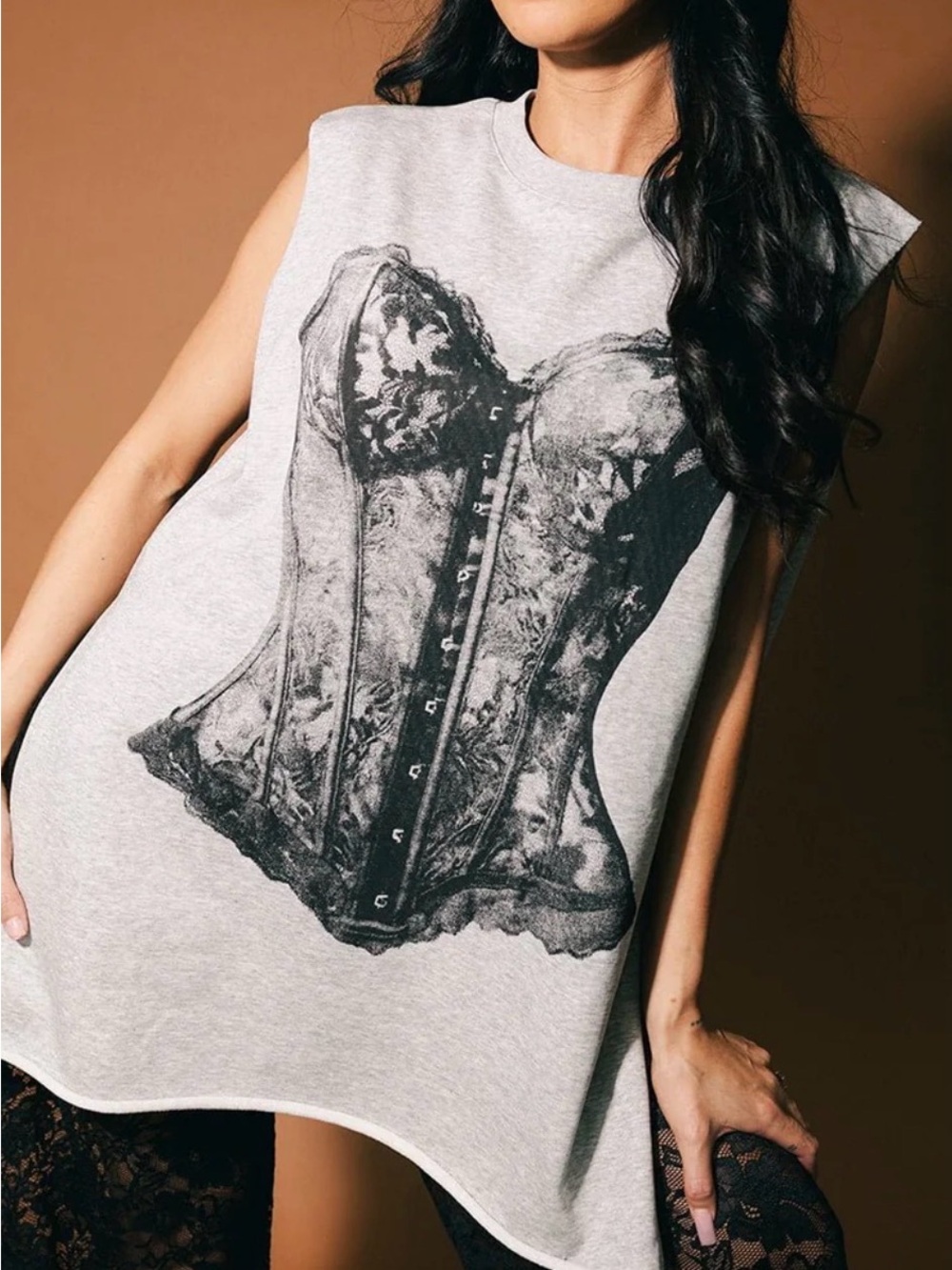 Dressed in Lala Sleeveless Gray Graphic Corset-Print Tank Dress/Top NWT